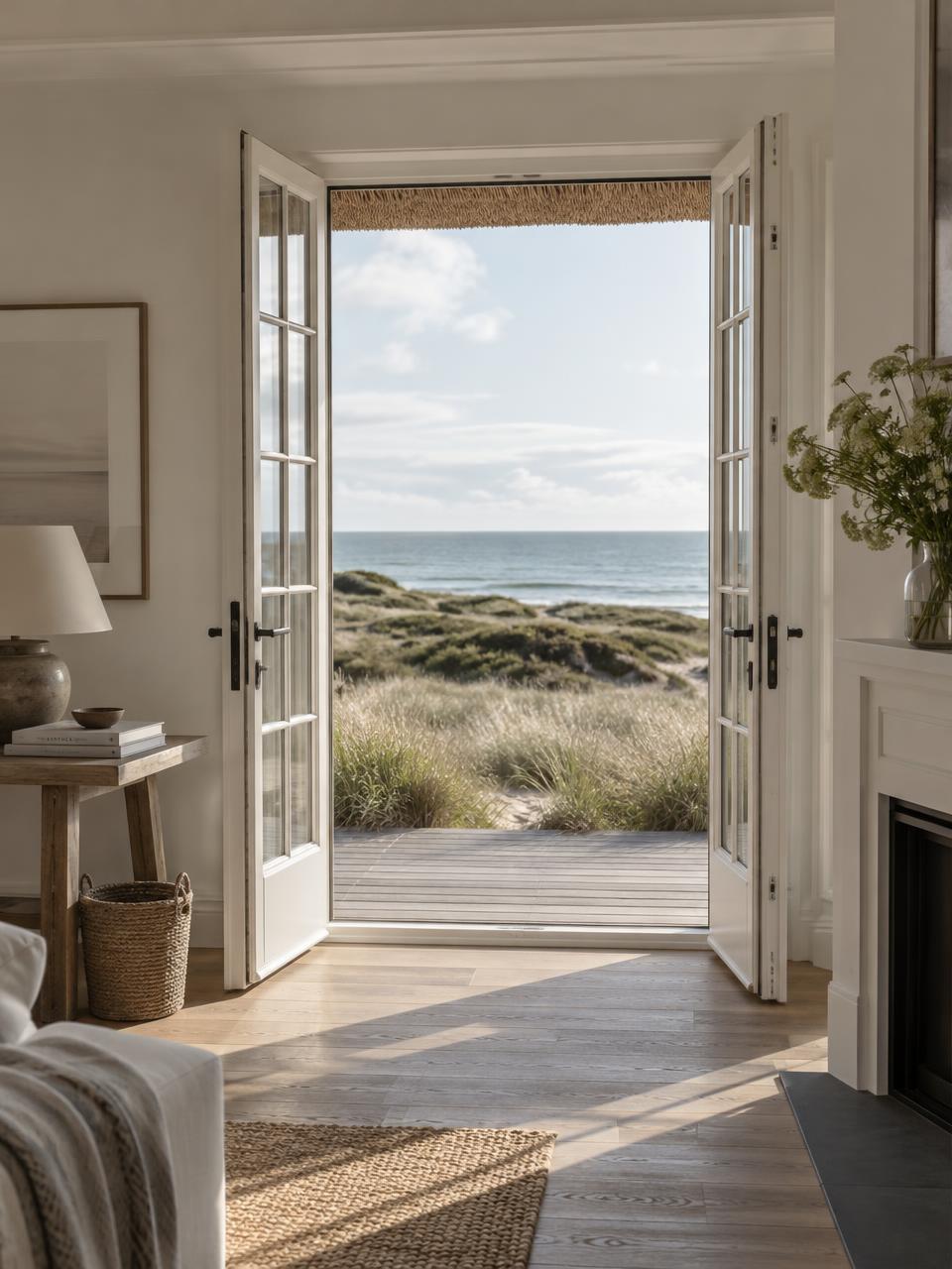 Offene Tür mit Blick auf Dünen und Meer